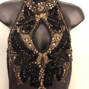 Black gown with keyhole high neck top